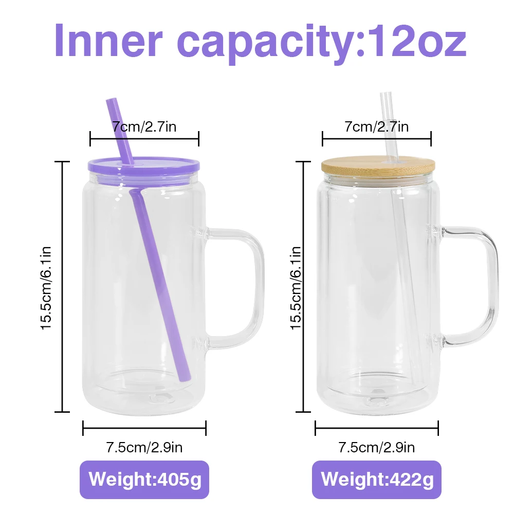 sublimation handle glass jar 16oz double wall glass tumbler with Colorful lid snow globe glass can with pre-drilled hole