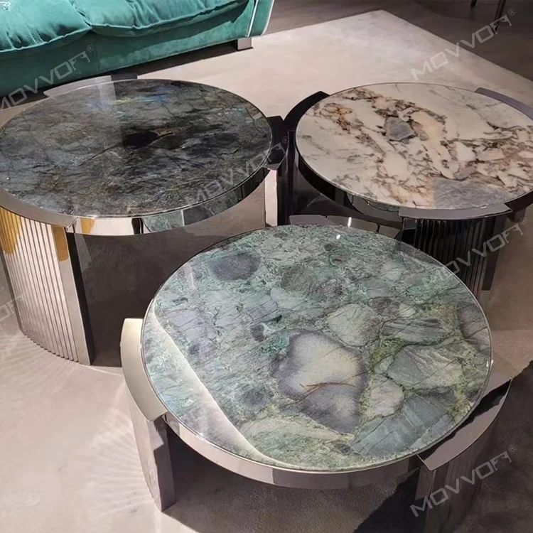 New collection stainless steel high gloss finishing round luxury natural marble stone top coffee table set for modern furniture