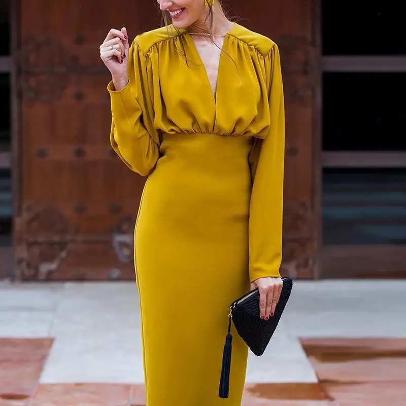 Autumn Long Sleeve Evening Dress Formal Elegant Yellow Cocktail Party OL Office Lady Dresses