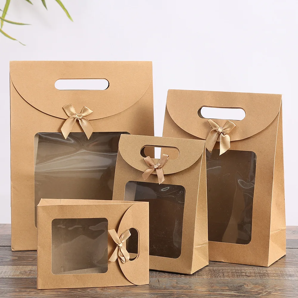 Christmas Wine Bags Kraft Paper Portable Gift Pvc Clear Window Packaging Bags For Small Business