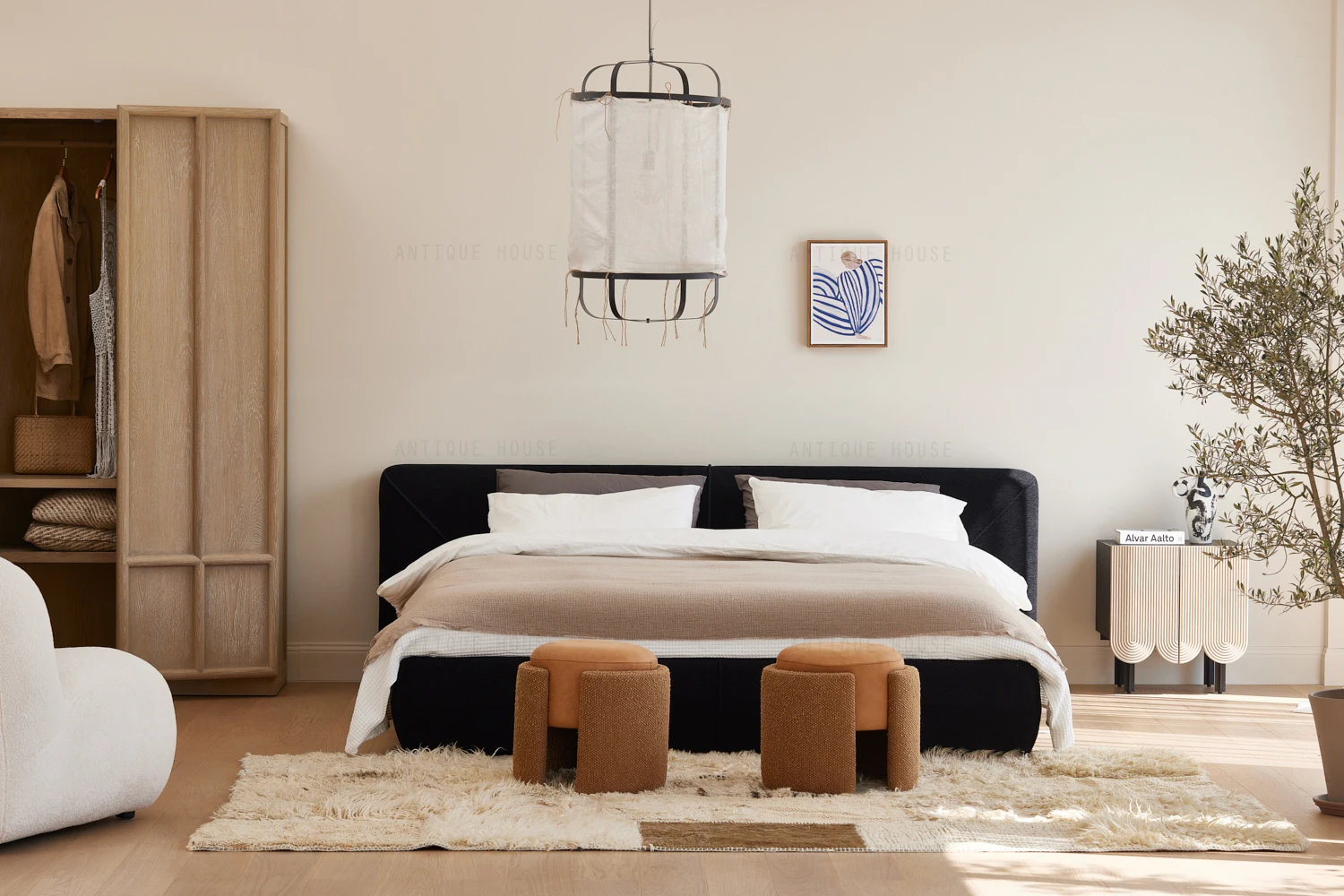 Natural furniture Japandi bedroom furniture design home fabric modern bed double luxury bed for bedroom hotel