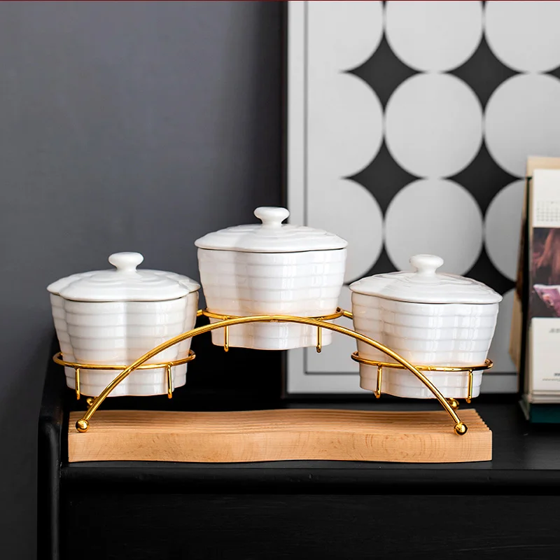 250 ml DIY 3 Pack Condiment Dispenser Spice Jar Square Sugar Bowl Porcelain Condiment Jar with Metal Stand