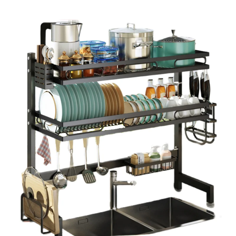 Multifunctional 2 Tiers Cutlery Over The Sink Dish Drainer Drying Rack With Black Plastics Storage Holders For Kitchen Cabinet
