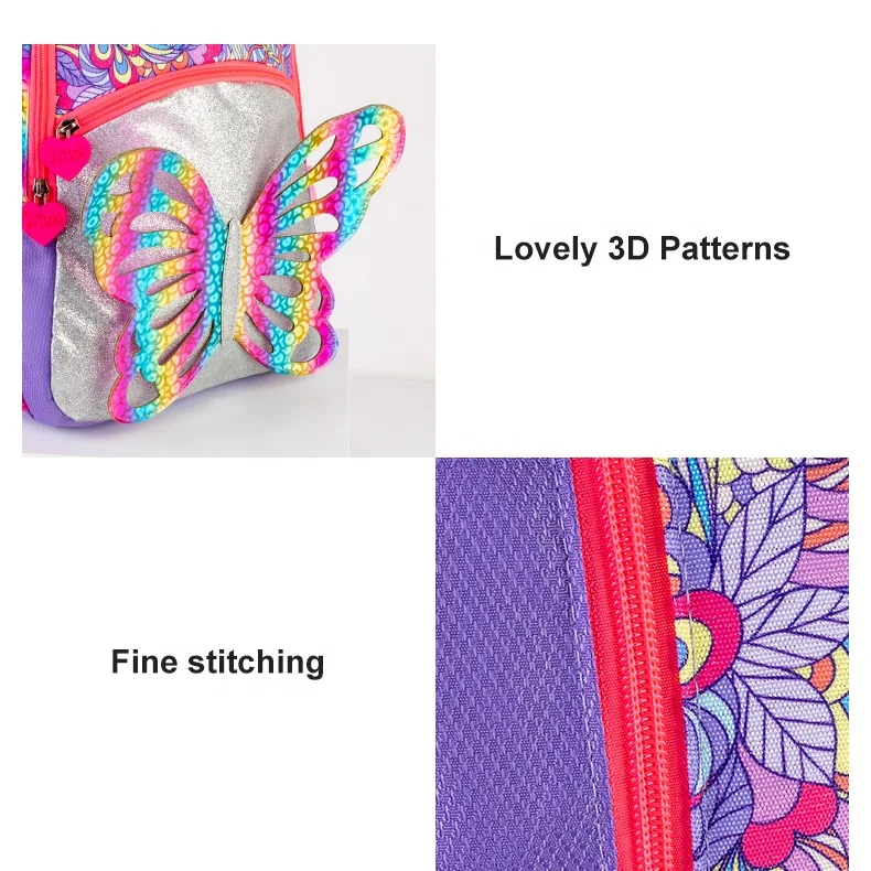 Girls Back to School Water Proof 3D Glitter Butterfly Animal Children Kids