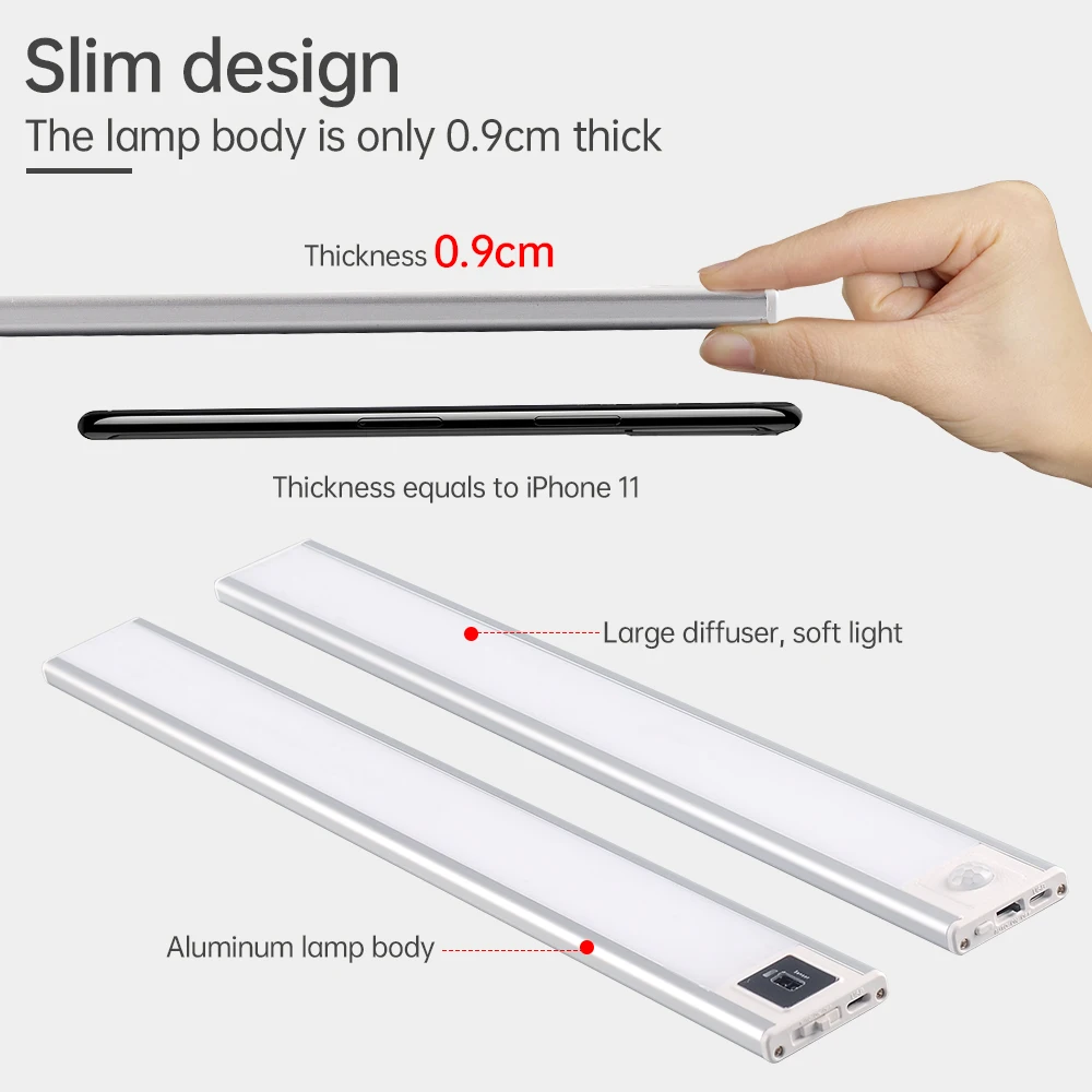 New DC5V Motion sensor Dimmable USB Rechargeable LED under cabinet light for Kitchen Closet stair with led strip lighting