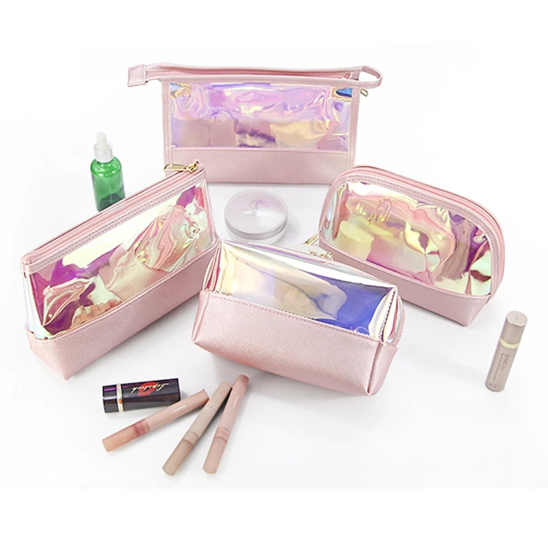 Laser Make up Case Bag  Ladies Customized Color PU toiletry holographic cosmetic bag set