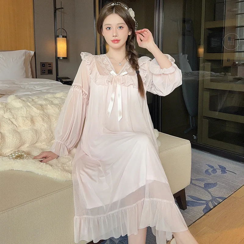 OKA Lace Embroidery V-neck Womens Sleepwear Princess Girls White Nightgowns Maxi Dress Long Sleeve Bridal Night Wear Nighties