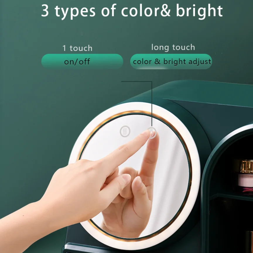 
Cosmetic Display Case With Rotatable Mirror And Fan And LED Light Cosmetics storage display rack with drawer 