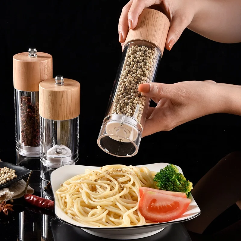Manual acrylic wood salt and pepper grinders mills set with adjustable ceramic core suitable for BBQ,family dinner kitchen