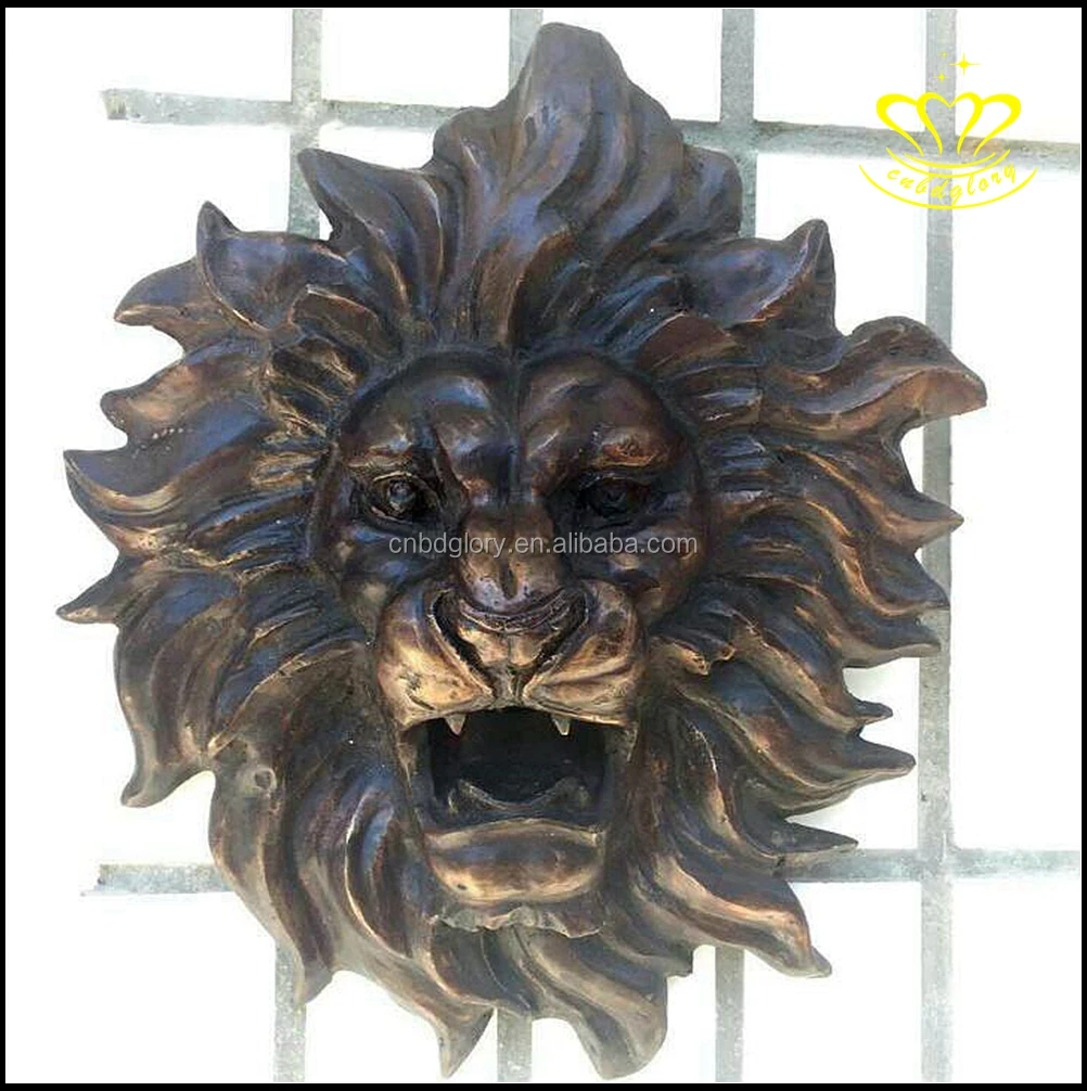 Outdoor garden Wall art Hanging ornament metal crafts Sculpture Gold Bronze Lion Head Statue