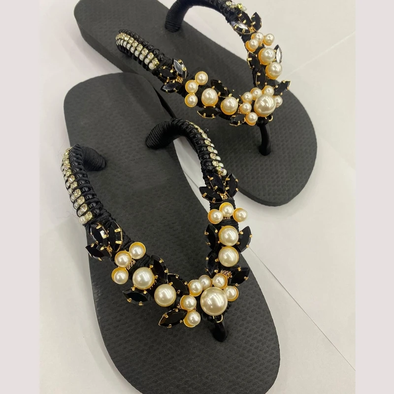Classic Black Flip Flops Onyx Rhinestones Embellished Flip Flops Beaded Pearls Thong Slippers Wholesale