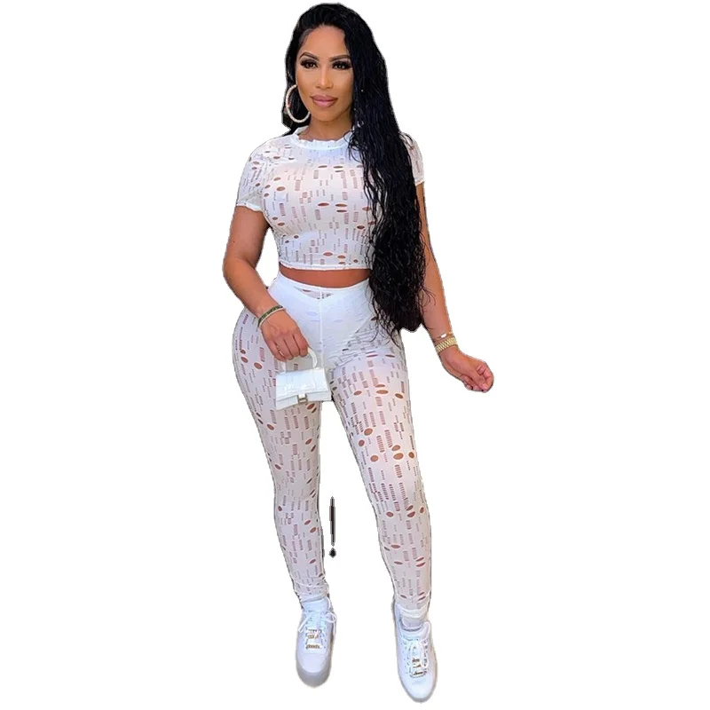2 Piece Hollow Out Outfits for Women Sexy Clubwear Hollow Out See Through Short Sleeve Tops + Skinny Pants Set Tracksuit