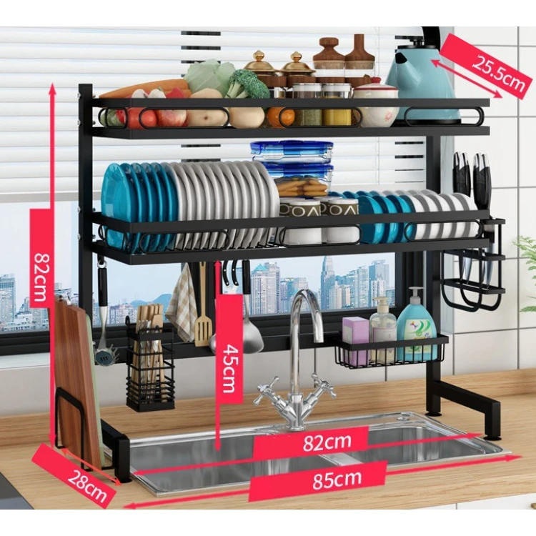 Three-Layer Black Stainless Steel Dish Drying Rack with Utensil Holder Under-Sink Organizer for Kitchen Storage for Cabinet Use