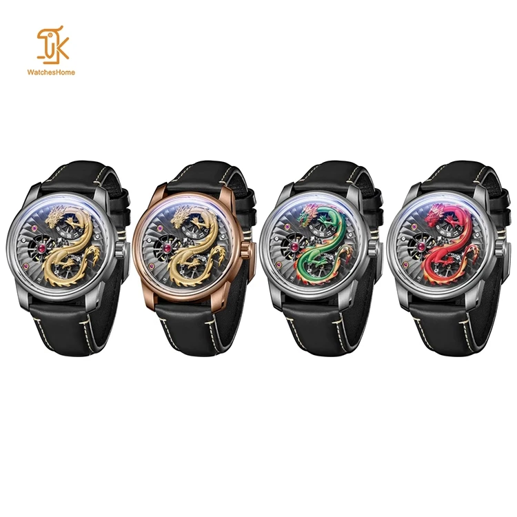 Custom Brand Gold Plated Dragon Watches 42mm With Leather Strap Black High Grade Automatic Winding Mechanical Wrist Watch