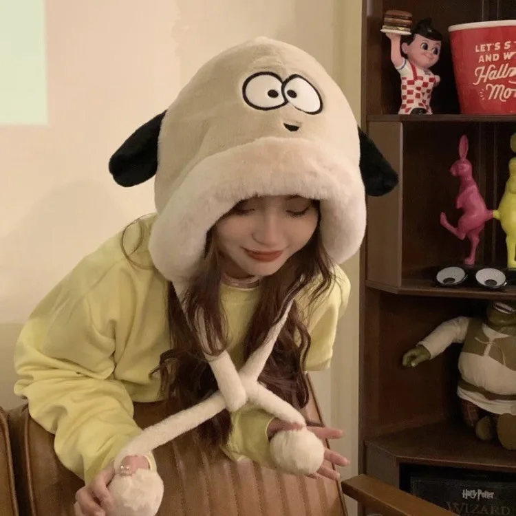 Cute Cartoon Puppy Plush Hat For Women Autumn And Winter Cycling Warm Ear Protection Hat Versatile Black And White Lace Up Hat