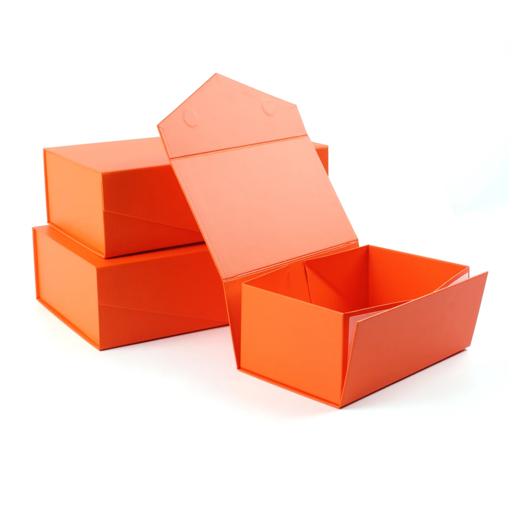 In Stock Low Moq Luxury Orange Color Rigid Flat Folding Magnetic Gift Packaging Paper Box