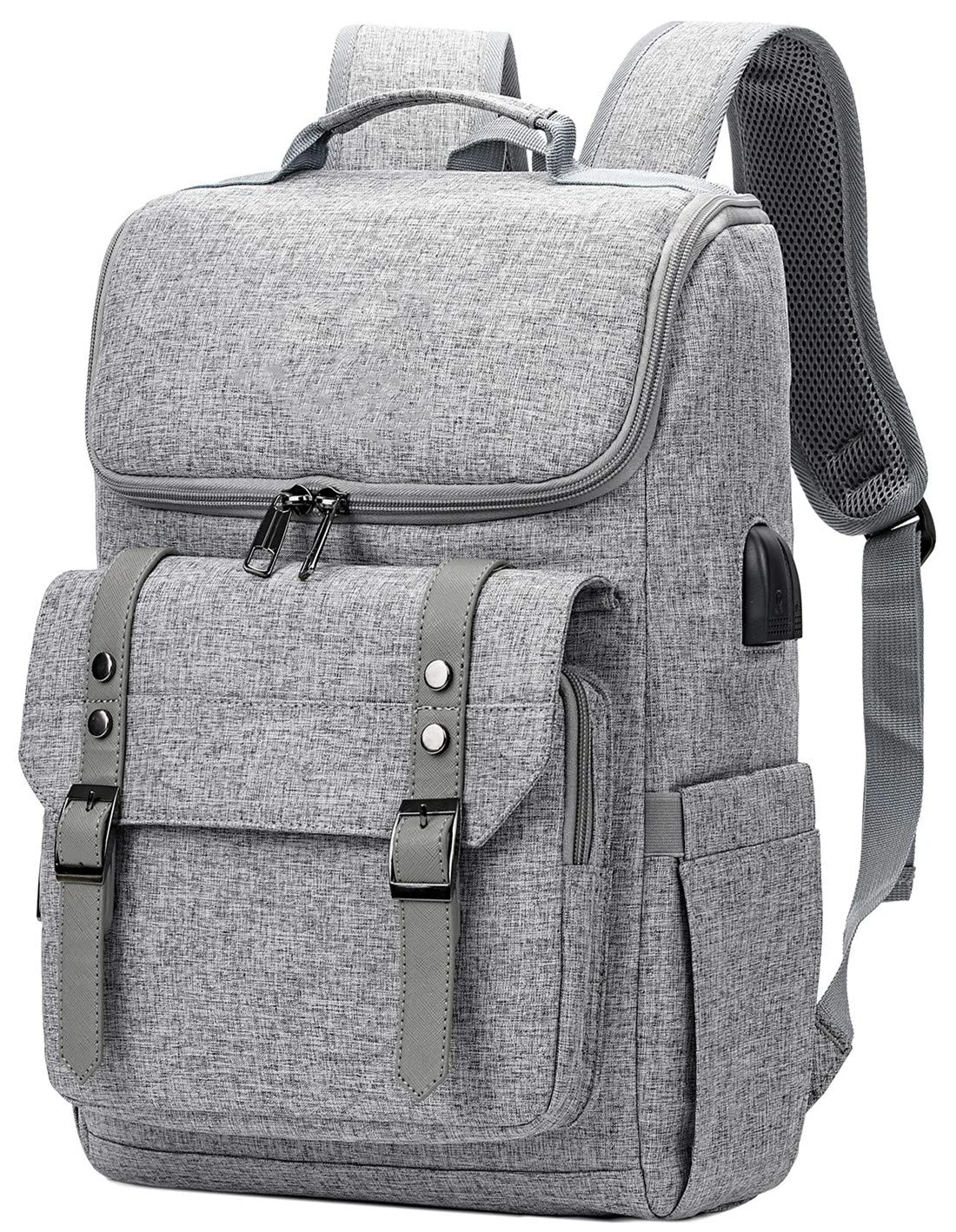 2024 QQgift OEM Custom Logo Grey Vintage Backpack Outdoor Travel Laptop Backpack With USB Charging Port For Women Men College