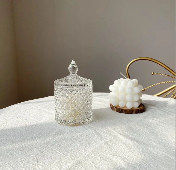 Empty wholesale 8oz clear geo cut diamond crystal glass candle candy jar container with box