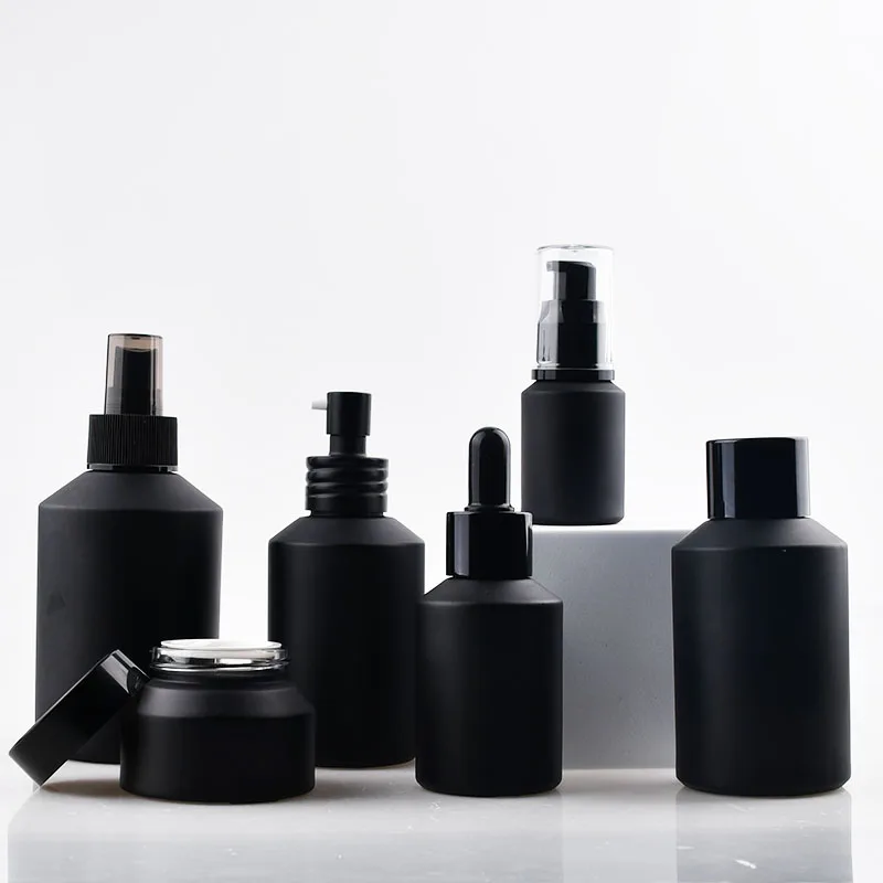 Matte Black 60ml 200ml Slant Shoulder Glass Cosmetic Lotion Pump Bottles 100g Glass Cream Jars Essential Oils Packaging