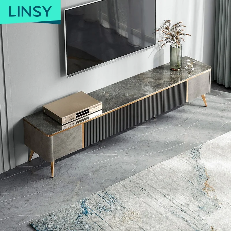 Linsy Living Room Luxury Nordic Marble Top Tv Stand Gold Metal Legs Furniture Set of Marble Coffee Table and Tv Stand LS361L1
