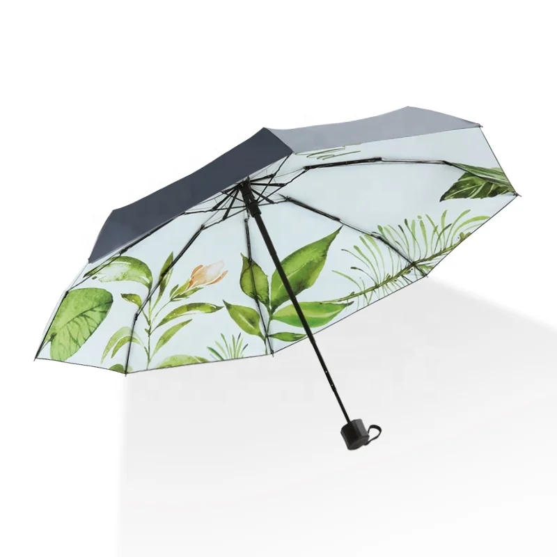 Full Automatic Umbrella Mechanism Wholesaler Compact Folding Umbrella green pink pattern printed black UV coating with UPF