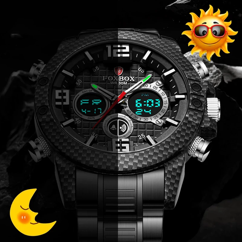 LIGE FOXBOX Men Luxury Wrist Watches Black Luxury Sports Chronograph Waterproof Digital Watches For Men