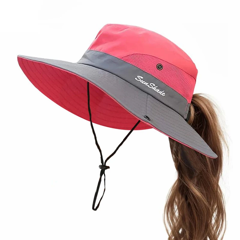 Women Summer Sun Beach Hat Wide Brim Outdoor UV Protection Hat Foldable Cool Mesh Ponytail Bucket Hat