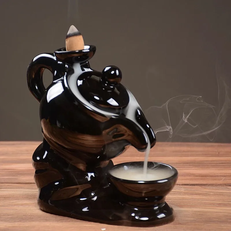 Hot sale ceramic fresh air coffee pot backflow burner, black teapot incense waterfall burner holder wholesale