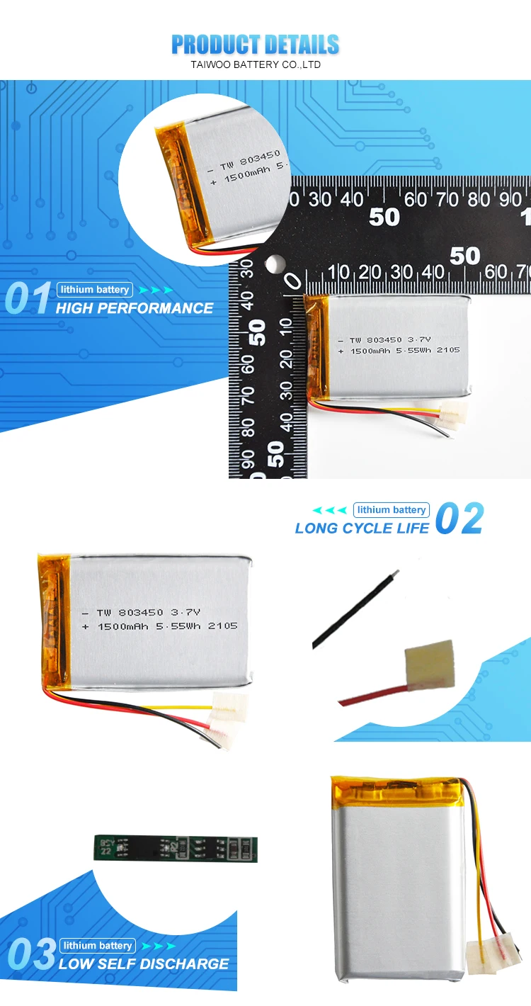 High capacity with KC 803450 1500mah Li-polymer Rechargeable Lithium Li Ion Polymer Batteries 3.7v Lipo Battery