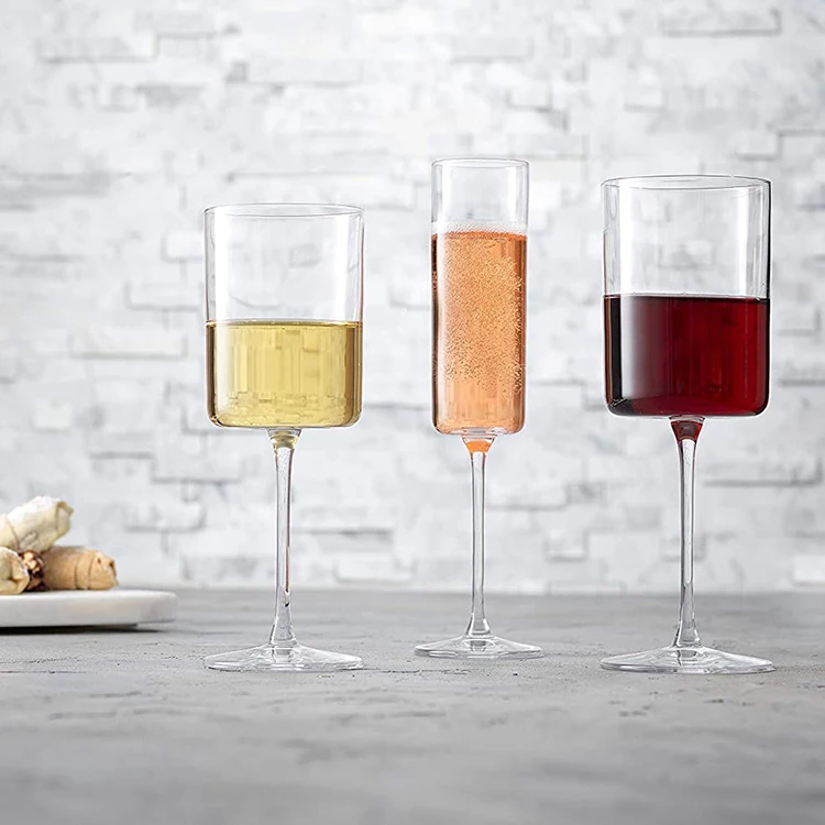 Manufacturers custom Straight Square Crystal Lead-free Hand Blown Champagne Flute Glass Goblet Wine Glasses