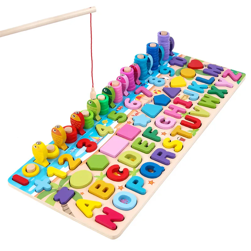6 in 1 multifunctional logarithmic fishing game montessori kids educational wooden puzzle games count numbers matching board