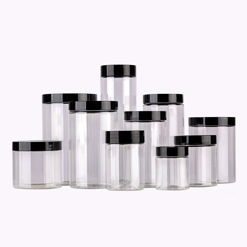 Food Grade PET Plastic Jars 50ml to 300ml Capacities Clear with Black Cap for Storage and Presentation