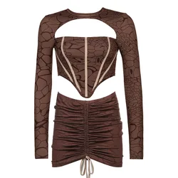 Personalized sexy Print 2 Piece Out Backless Crop Top Bandage Y2k Skirts Festival Clothes Club Outfits for Women Matching Set