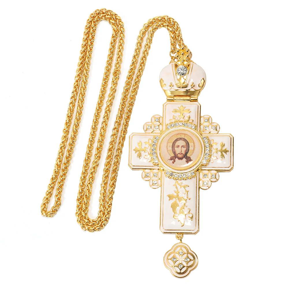 ZD027 High Quality  White Enamel Glaze Europe Orthodox Pectoral Cross Necklace with Savior Image Church Spiritual gift
