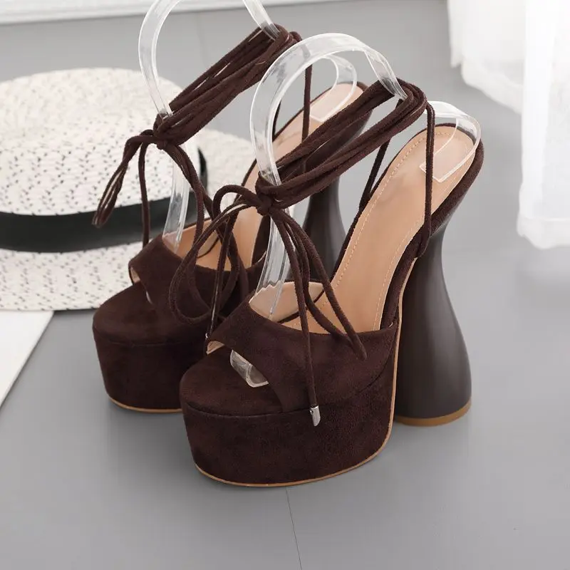 2022 spring and summer new lace high heels gold round head high heel sandals for women wearing lace thick heel shoes