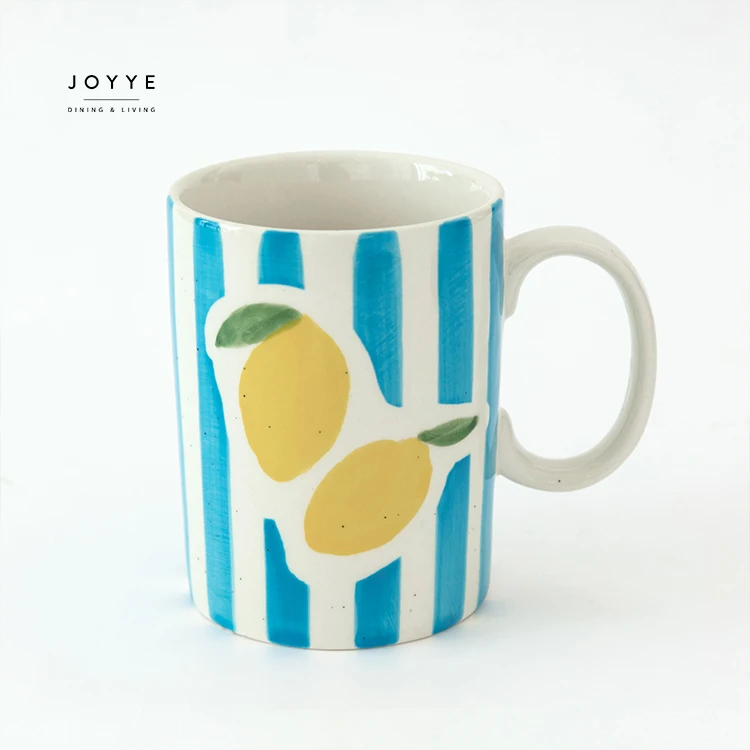 Joyye Custom Ceramic Coffee Mug Hand Painted Fruit Stripe Design Spring Summer Vibe Daily Drinking Cups 400ml Mugs