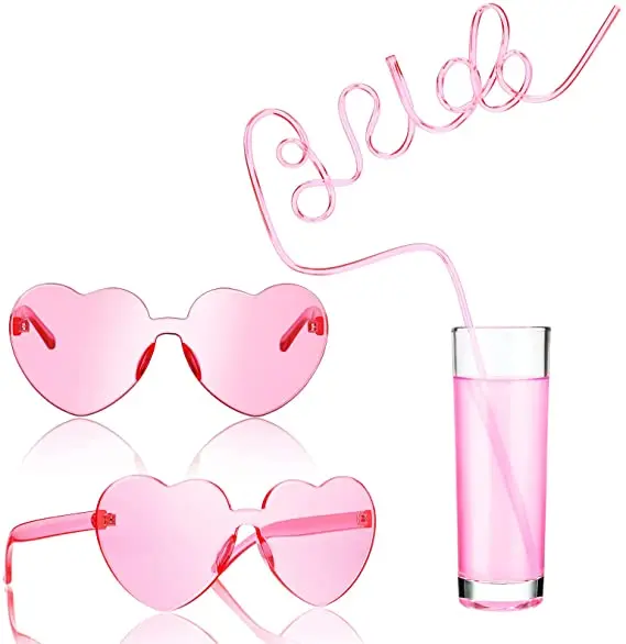 Bachelorette Party Bride Straw Heart Shaped Rimless Sunglasses Pink Transparent Frameless Glasses Bridal Shower Party Favors