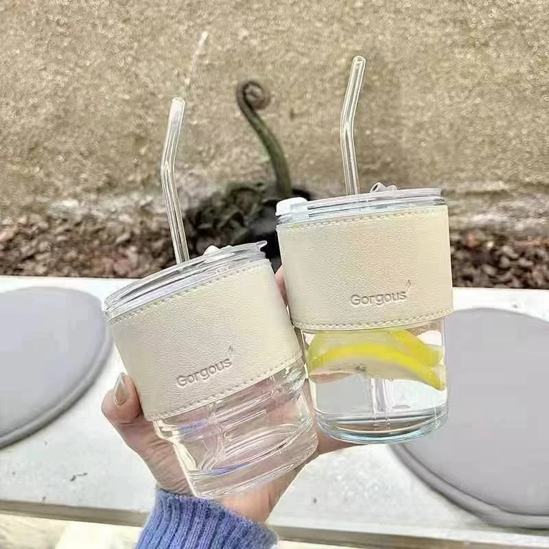 Md64 Promotion Clear Amber Glass Drinkware 450Ml Student Office Portable  Glass Coffee Cup Tea Mug With Straw