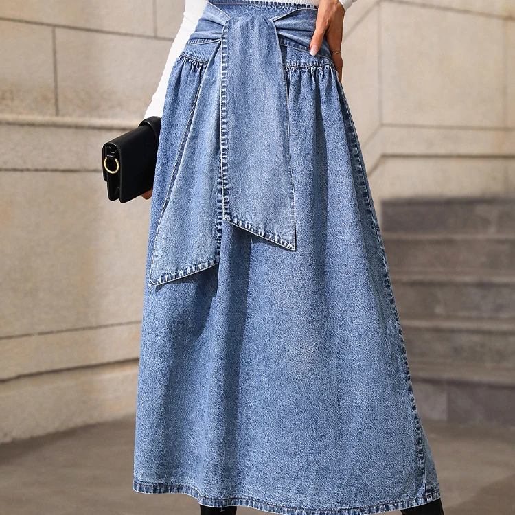 Long jeans skirt women denim high waist pleated denim midi skirt denim long skirt for women