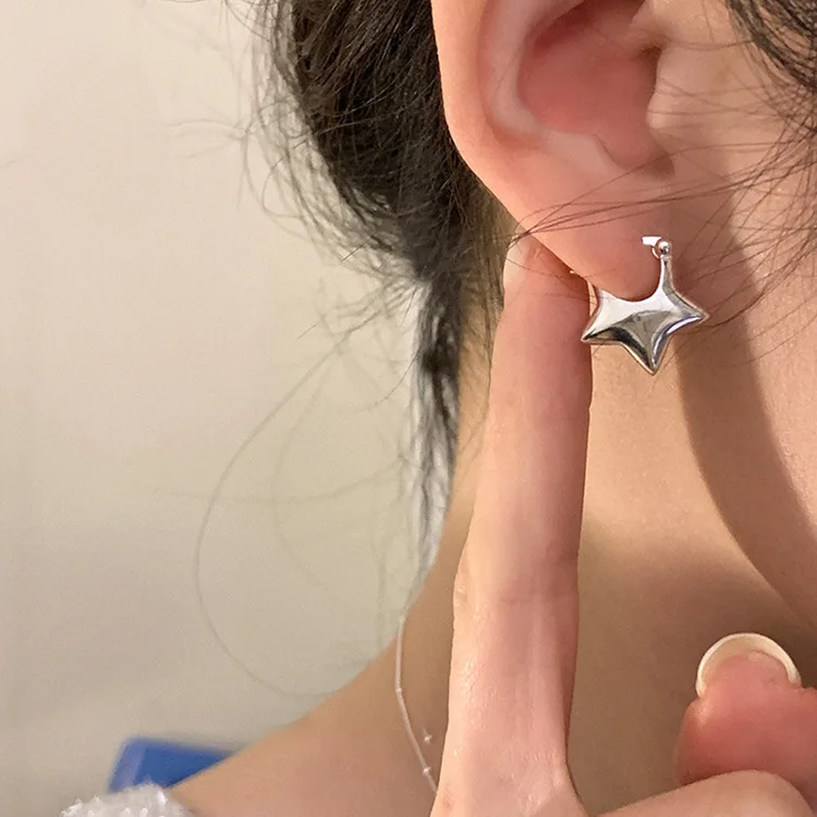 Silver Color Five Pointed Star Ear Buckle Hooks Earrings for Women 2024 New Fashion Creative Korean Style Jewelry Gifts