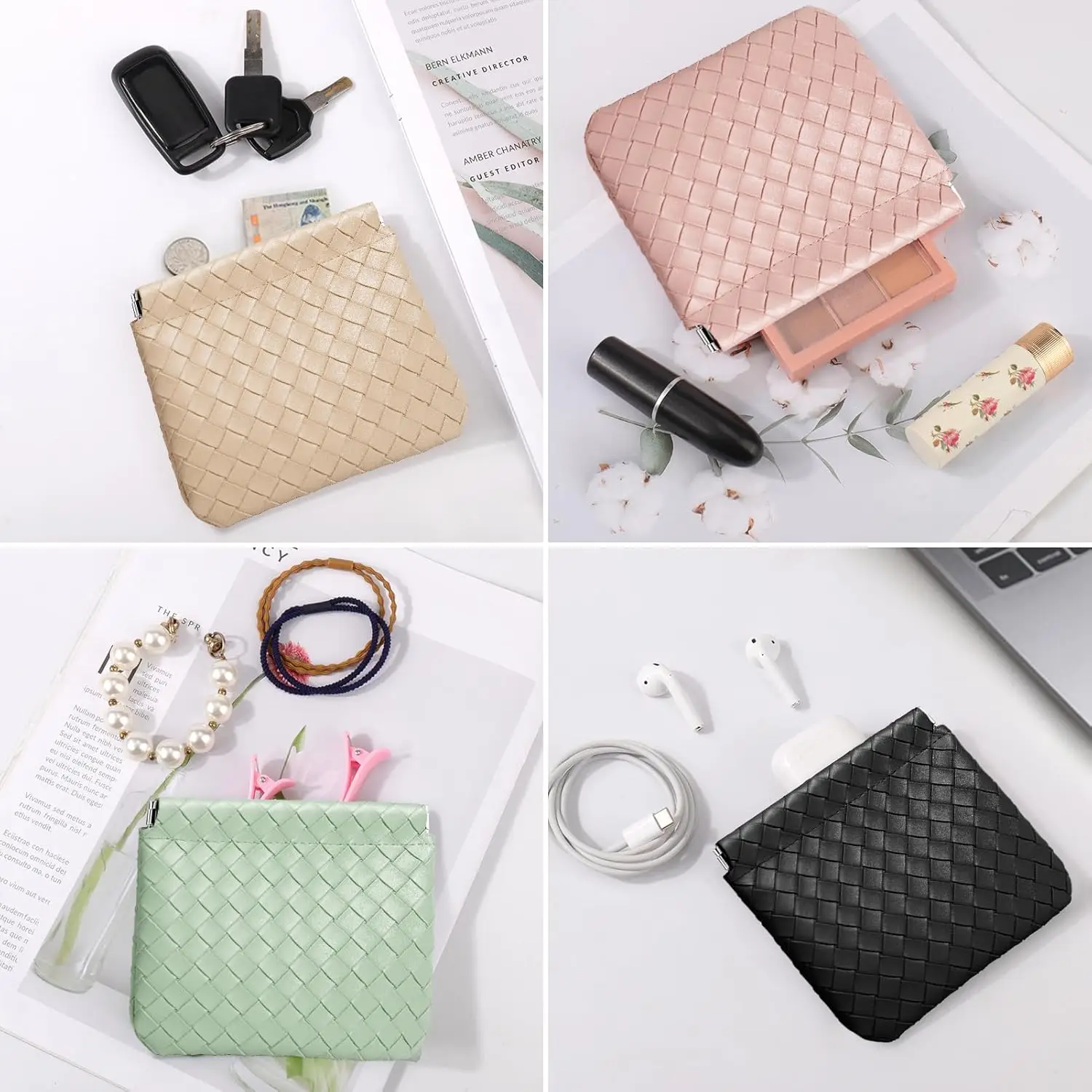 Multifunction PU Weaving Mini Lipstick Cosmetic Bag Portable Square Earphone Data Cable Coin Purses