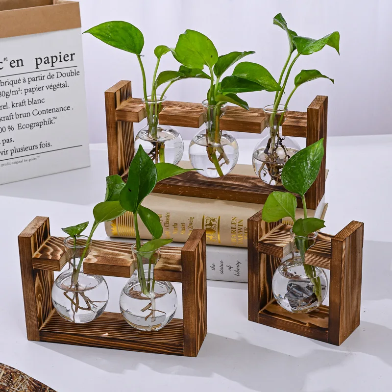 Plant Vase Plant Terrarium With Wooden Stand Propagation Stations For Home Office Decoration