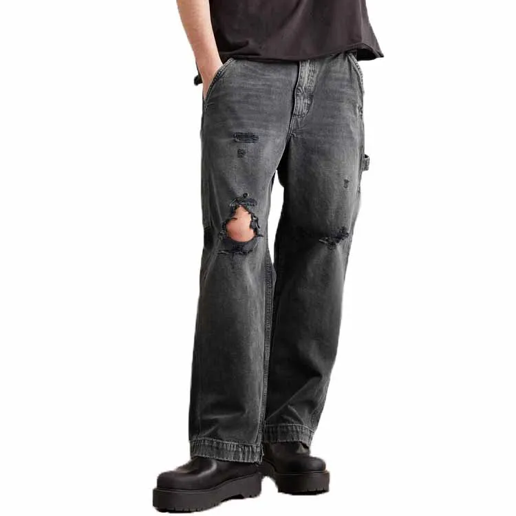 2024 custom jeans manufacturer loose ripped hole design blank black jeans