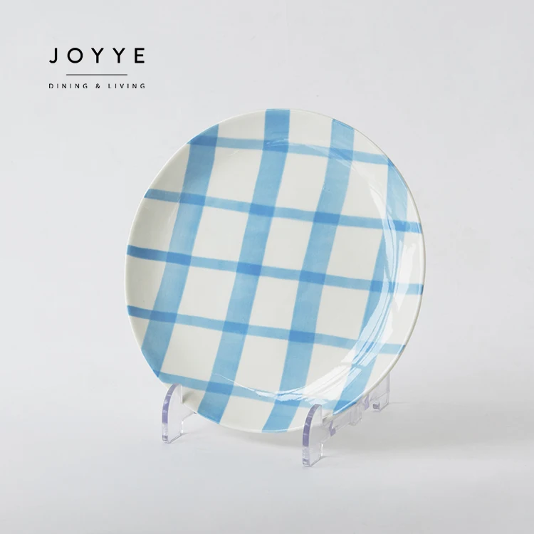 Joyye Customizable Size Patterns Shape Free Design Dinnerware Plates  8 inch Hand Painted Blue Grid Ceramic Dinner Plate
