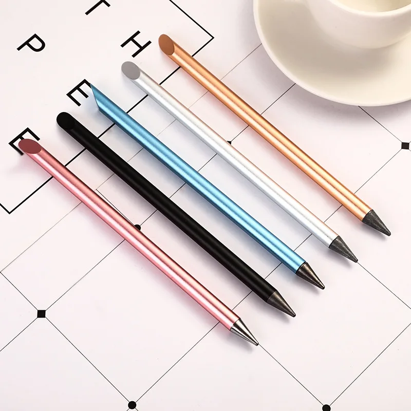 High Quality Metal Silvery Eternal Pencil Continuously Ink Fashionable Durable Diagonal Top Metal Pencil With Custom Logo
