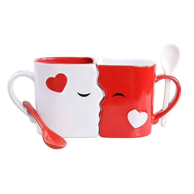 Oem Odm Factory Price Custom Design Heart Shape Handle Kissing Ceramic Couple Valentines Day Coffee Mugs Cups Set For Gifts
