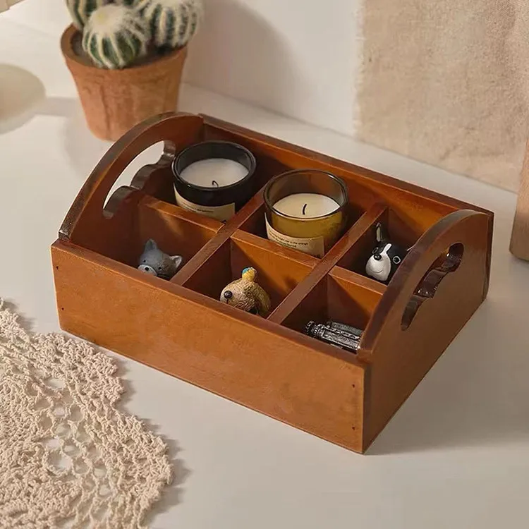 Wholesale Desktop Case 6 Compartment Container Wooden Divided Storage Box With Handle For Snacks Tea Bags Coffee