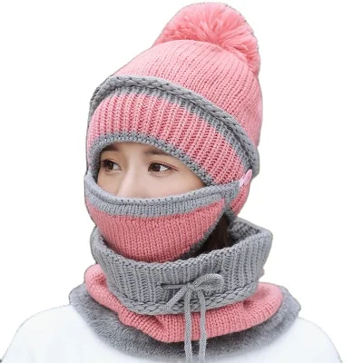 HT-0153 Factory Wholesale High Quality Women Autumn Winter Fashion Plush Thick Pom-Pom Scarf And Mask Warm Knitting Beanie Hat