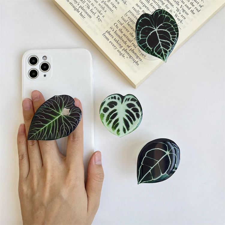 Popular Acrylic Phone Socket Griptok Foldable Eject Mobile Phone Holder Stand Customized Phone Grip With Plant Leaf Design