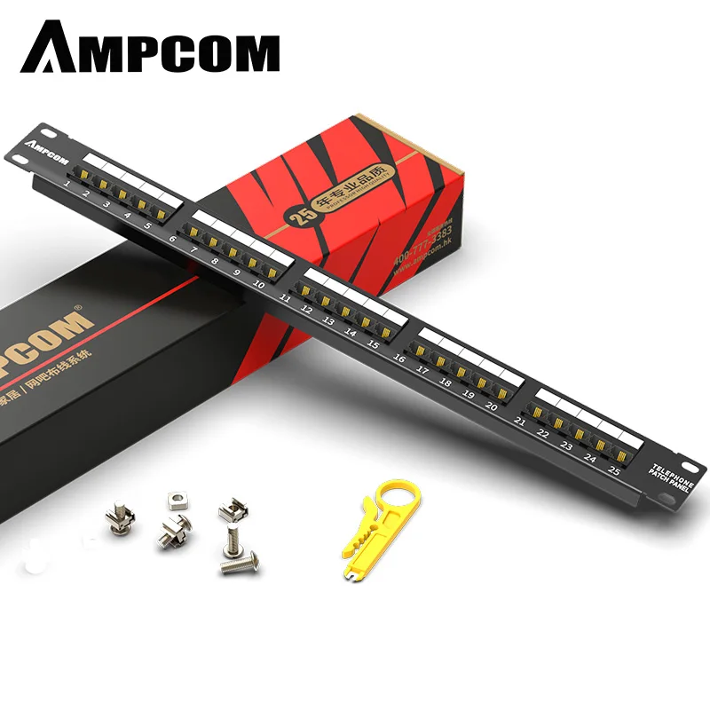 AMPCOM Voice-Grade Patch Panel, 24-port, 1RU, 4P4C Jacks, 110 style termination 2 pieces for telephone cable